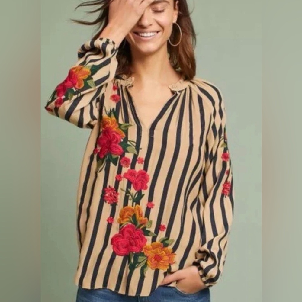 Anthropologie Akemi+Kin Manuela Embroidered Floral Blouse Stripes Size XS